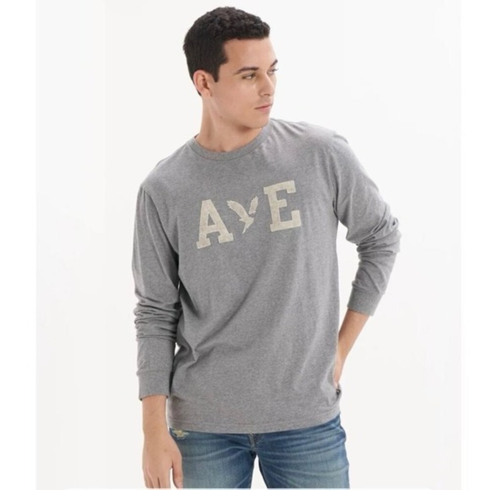 American Eagle Mens Super Soft Long Sleeve Felt Graphic‎ Tee Gray Large Tall LT